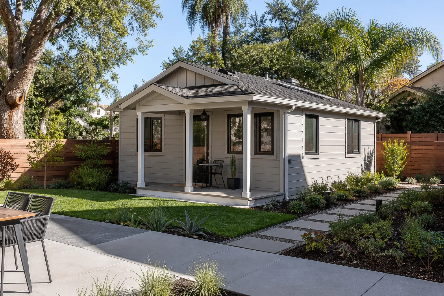 A finished backyard cottage with a small covered porch